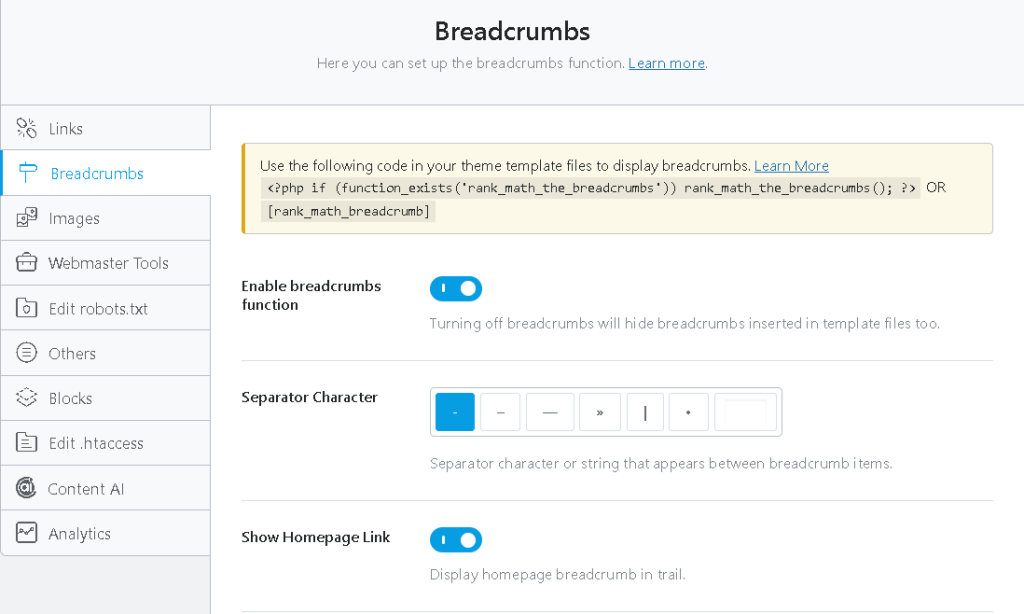 WordPress Breadcrumbs Rank Math SEO Settings