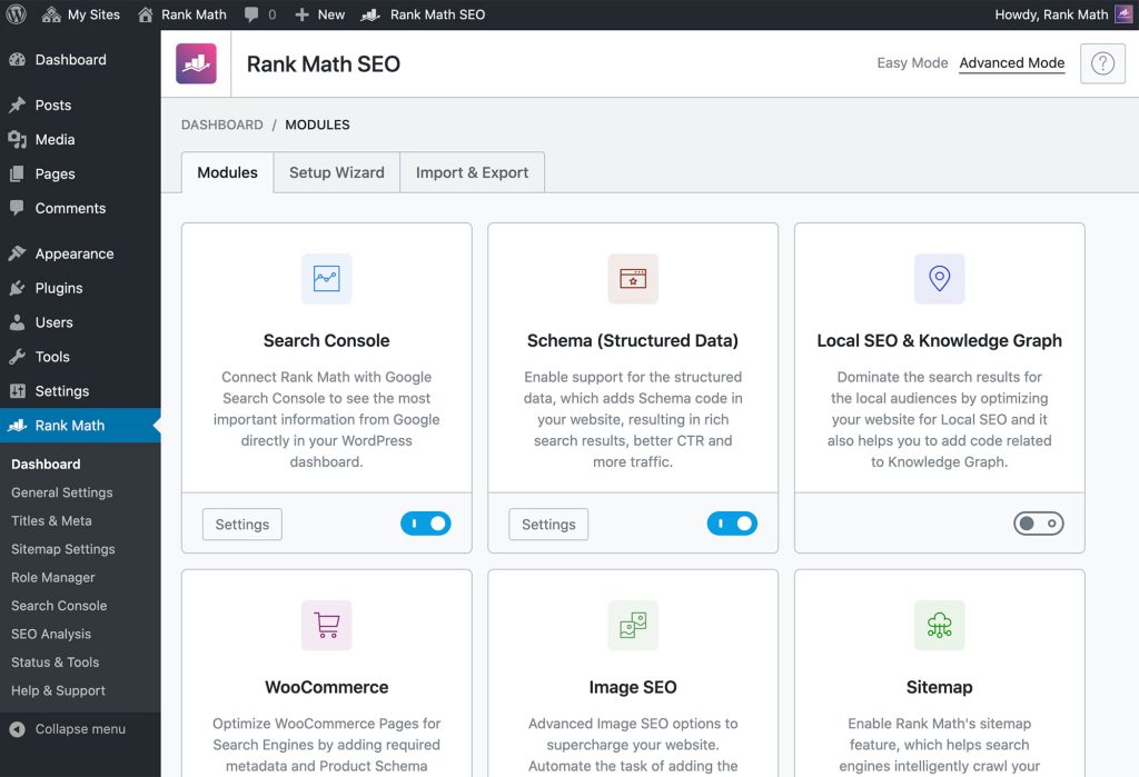 rank math seo modules screenshot