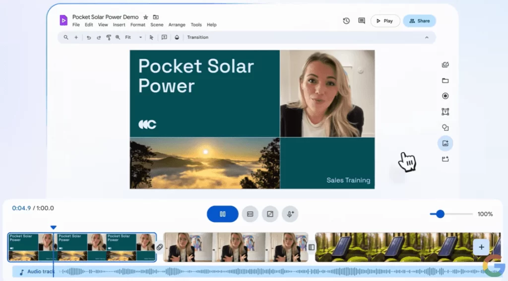 A woman talking in an ai video editor (google vids ai)