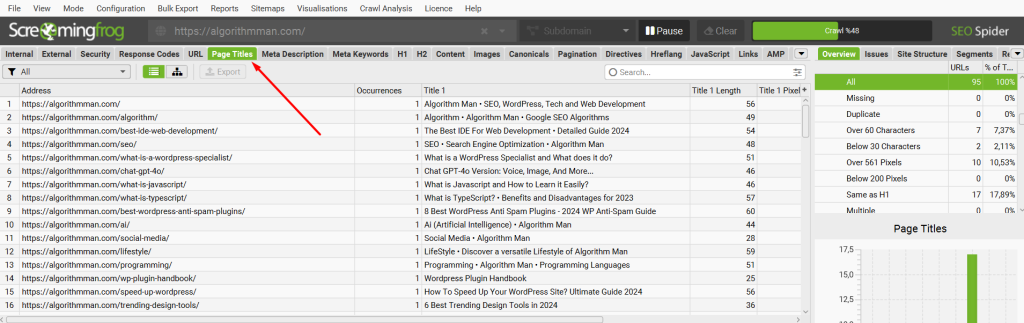 Checking Page Titles in Screaming Frog screenshot