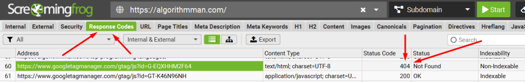 response codes broken links screaming frog screenshot