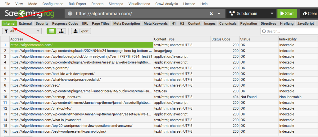 Checking Internal Links on screaming frog screenshot